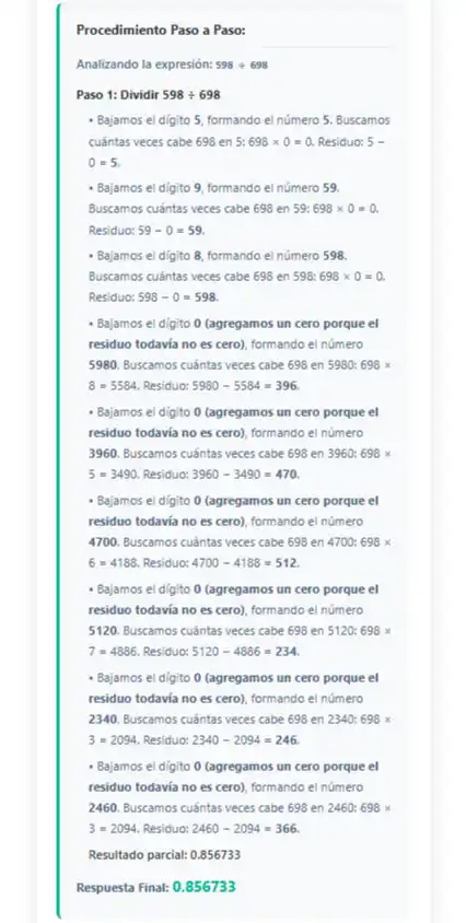 División larga mostrando cociente y resto